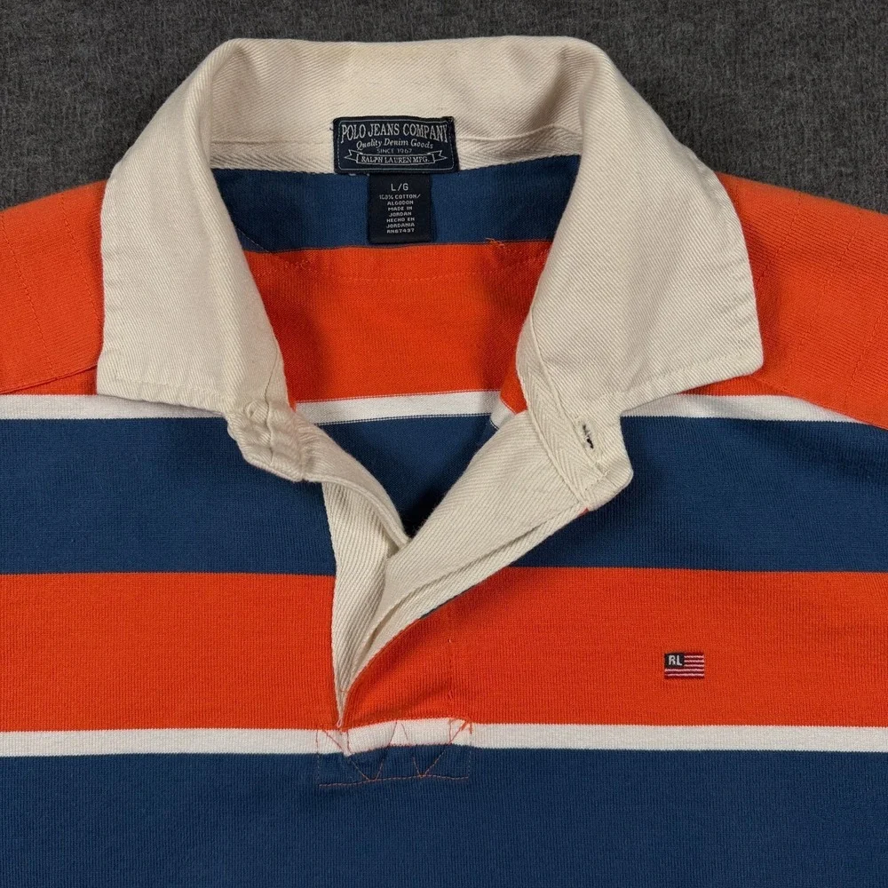 VTG Ralph Lauren Polo Jeans Co Rugby Shirt Mens Large Orange Navy Stripe 90s Y2K